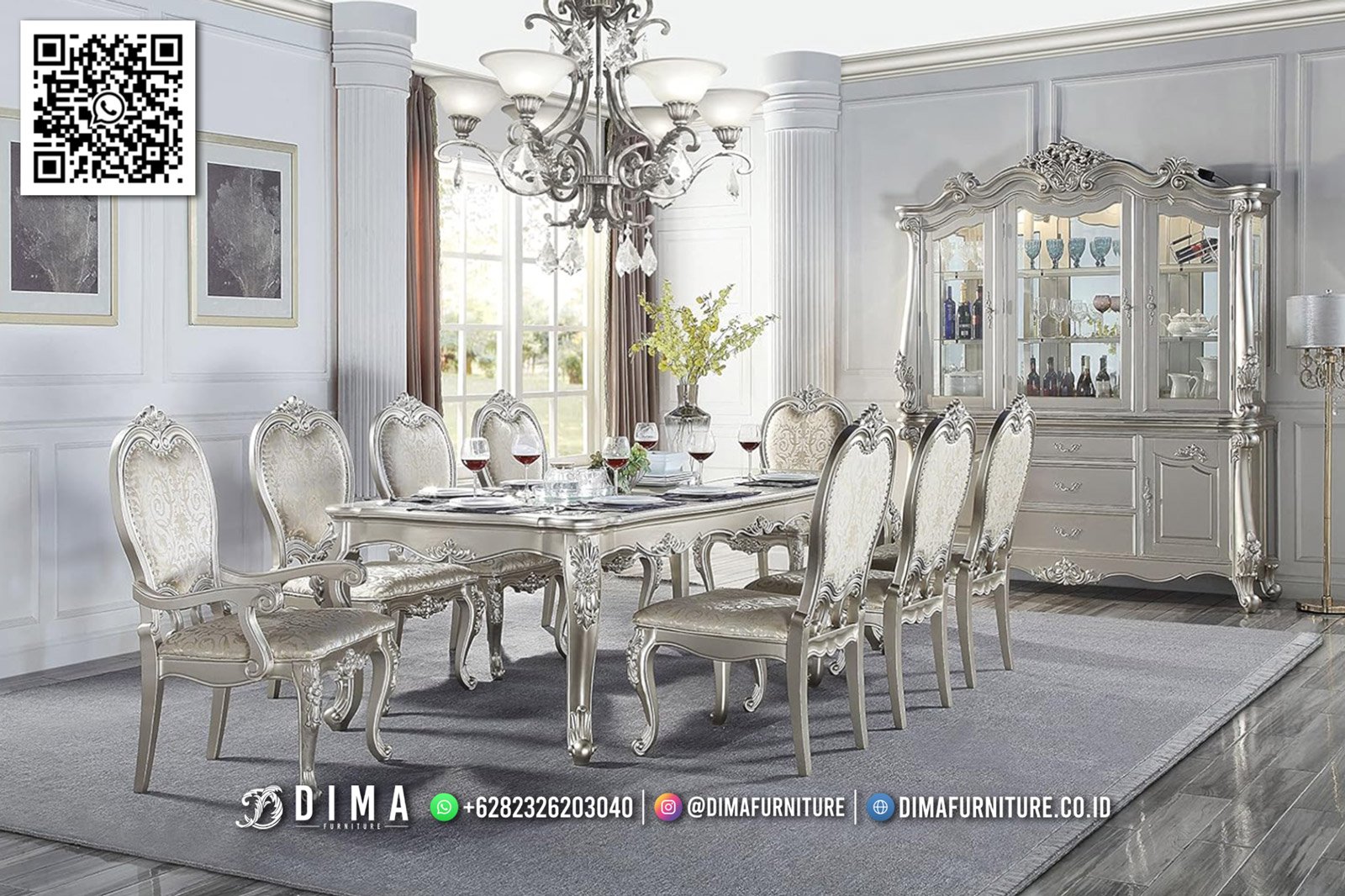 Set Meja Makan Mewah Silver Classic Ukir Jepara 213IM Set Meja Makan Mewah Silver Classic Ukir Jepara 213IM