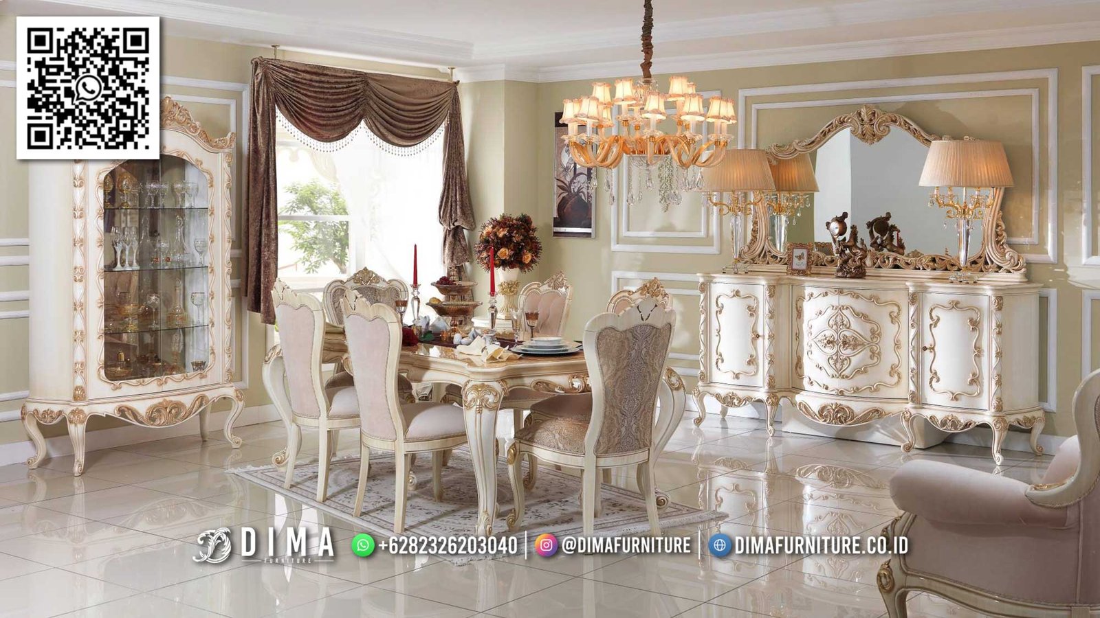 Set Meja Makan Elegan Klasik Warna Ivory Gold Dima 45FI Set Meja Makan Elegan Klasik Warna Ivory Gold Dima 45FI