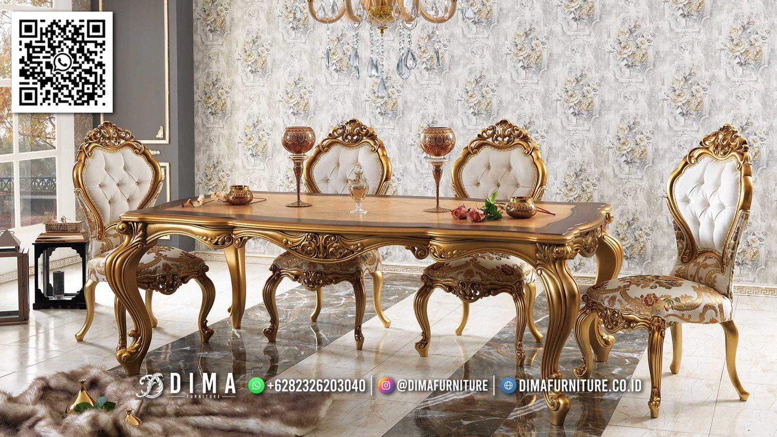 Set Meja Makan Klasik Elegan Warna Gold Ukiran Jepara 43FI Set Meja Makan Klasik Elegan Warna Gold Ukiran Jepara 43FI